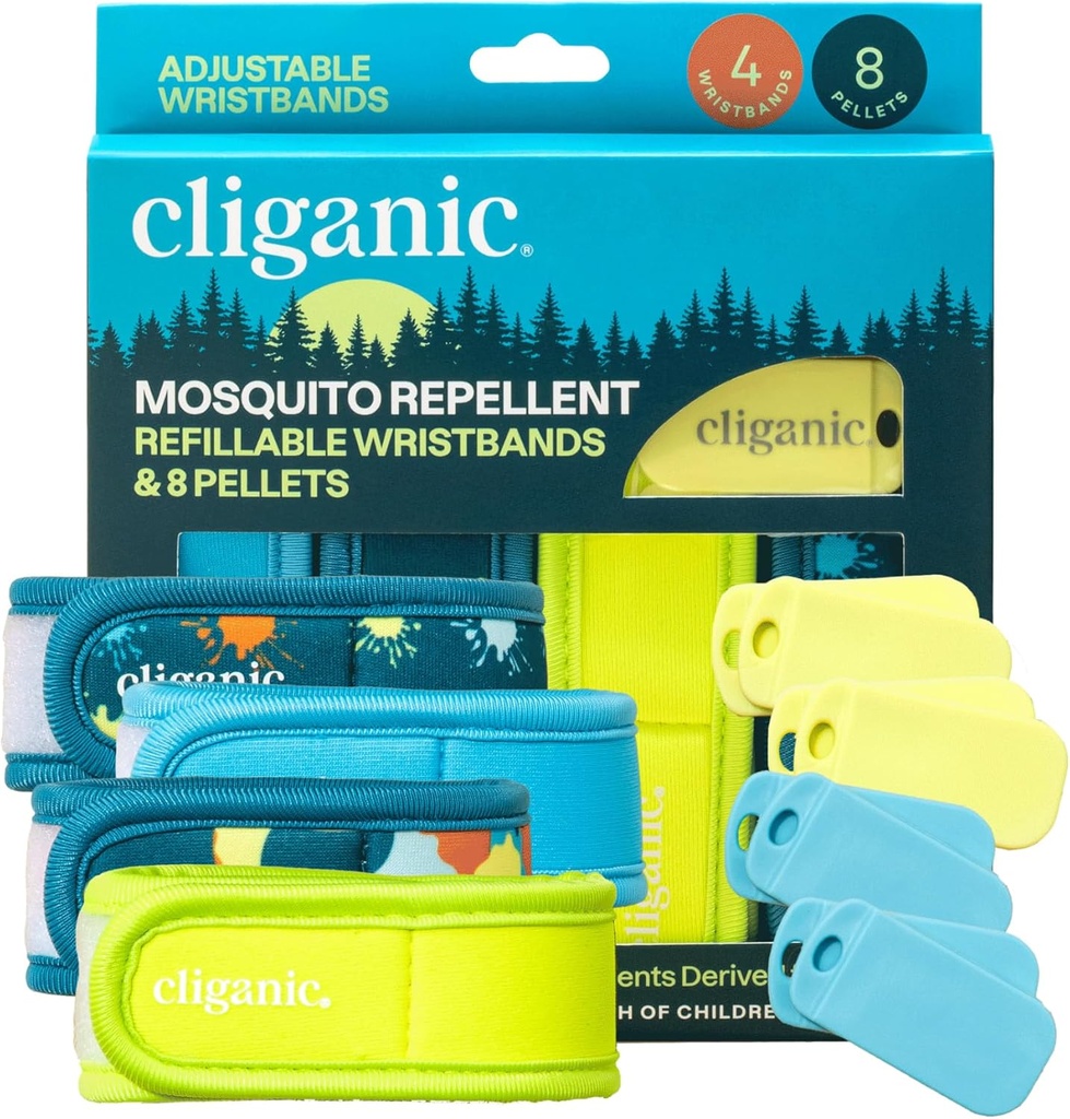 Cliganic Mosquito Repellent Pack (4 bracelets + 8 pellets de recharge) - Ajustable, sans DEET naturel, huile essentielle infusée