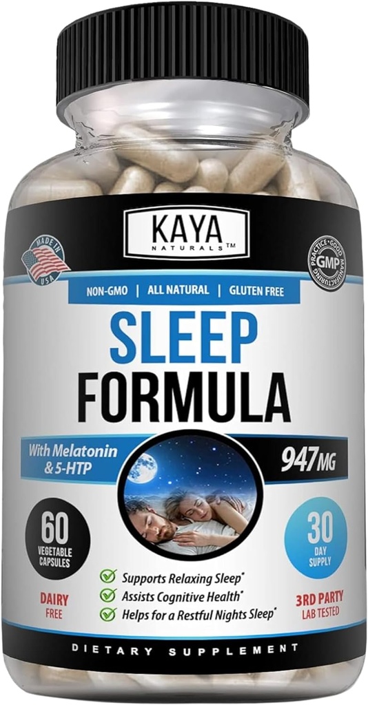 Kaya Naturals - Formule de soutien du sommeil avec la mélatonine - Supplément vitamine de soutien d'aide - Stress du sommeil et soutien de l'humeur - L-Tryptophane, Fleur de Passion, Ashwagandha et plus - 60 Capsules (60 Compte)