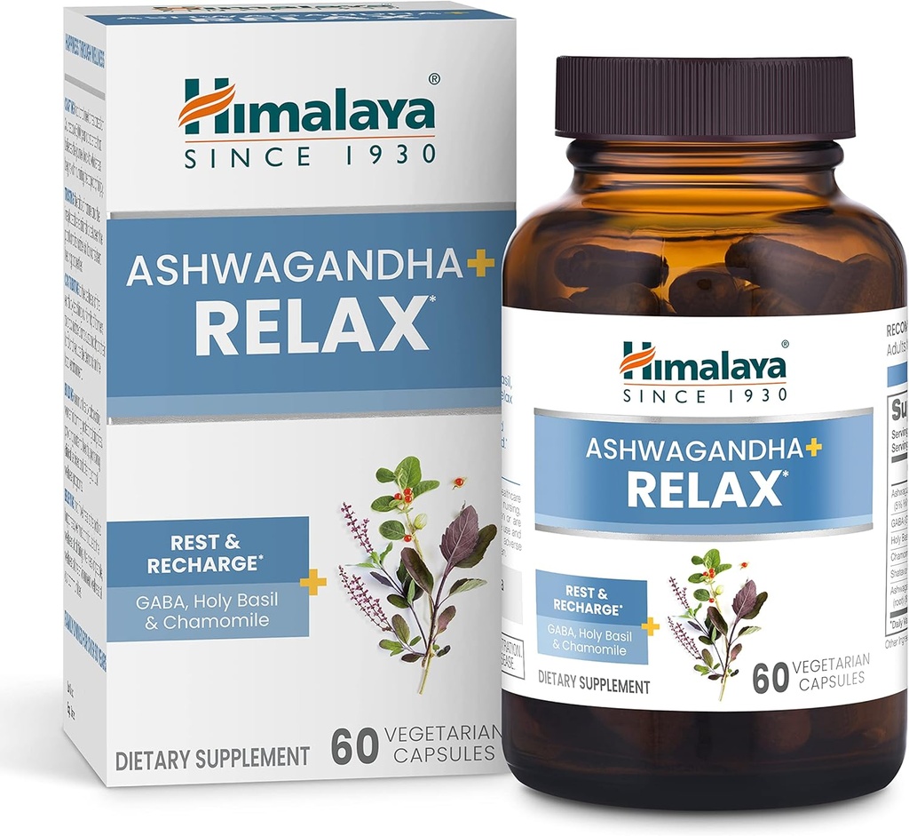 Himalaya Ashwagandha+ Détendez-vous, avec GABA, Basilique Saint & Camomille pour la réinitialisation, relaxation et soulagement du stress, végétalien, sans gluten, 540 mg, 60 Capsules végétariennes, 1 mois d'approvisionnement