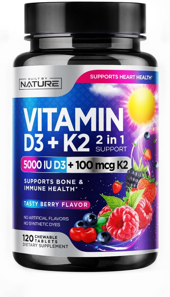 Vitamin D3 K2 – Chewable Vitamin D 5000 IU & K2 MK-7 100 mcg – 2 in 1 Vitamin D K2 Supplement Chews - Immune, Heart, & Bone Support – Non GMO - Tasty Berry Flavor - 120 Chewable Tablets