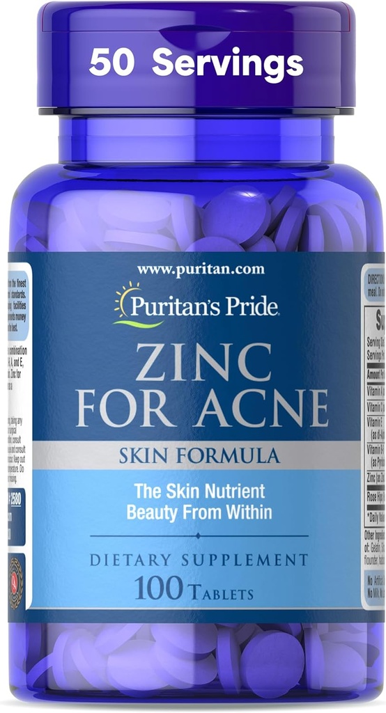 Puritan's Pride Zinc for Acne Skin Formula with Vitamines C, B-6, A, and E for Men and Women, complément alimentaire pour une peau claire et saine, système immunitaire, division cellulaire et soutien de la croissance, 100 comprimés