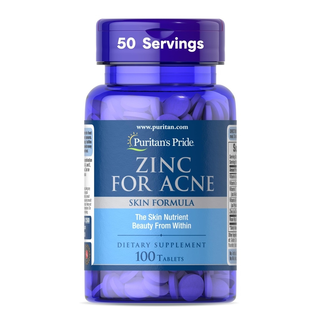 Puritan's Pride Zinc for Acne Skin Formula with Vitamines C, B-6, A, and E for Men and Women, complément alimentaire pour une peau claire et saine, système immunitaire, division cellulaire et soutien de la croissance, 100 comprimés