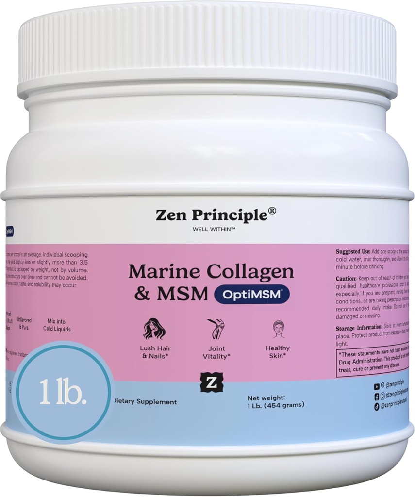 Principe Zen Poudre de Peptides de Collagène Marine avec Supplément OptiMSM®. Testé cliniquement pour le soutien cutané. Poisson sauvage, non OGM. Conteneur 16 oz