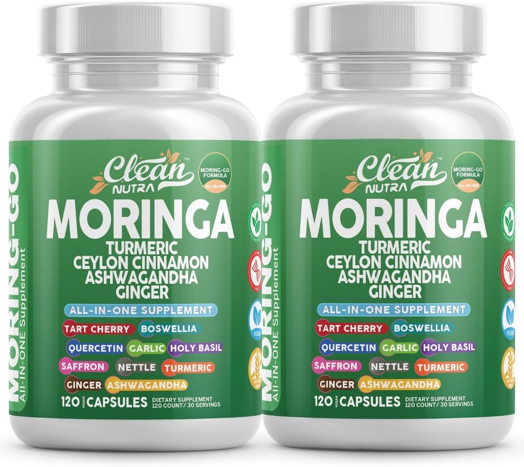 Moringa Poudre Capsules + Turmeric Moringa Feuille Ceylan Cinnamon Ashwagandha Ginger Tart Cherry Boswellia Quercetin Ail Saint Basilic Safran Nettle Noir Pepper Moring-Go Supplément Par Nutra propre (2)