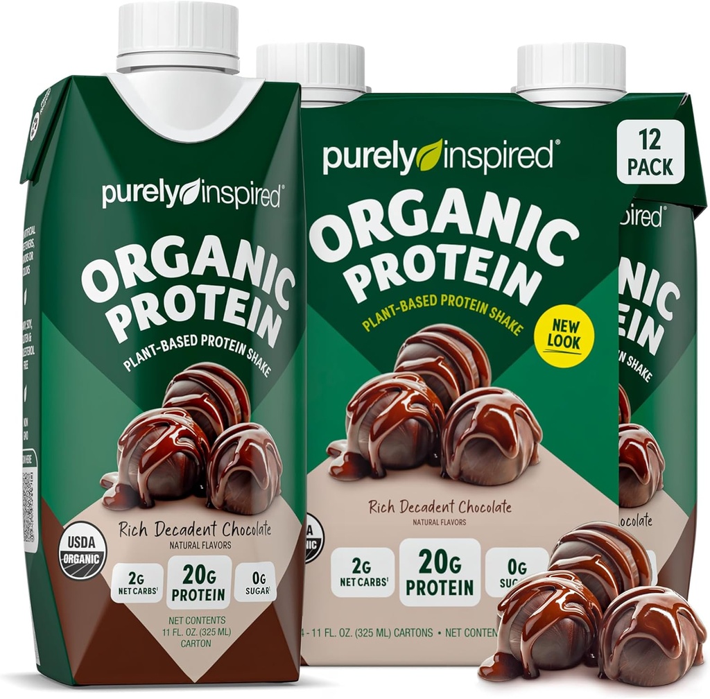 Purement inspiré Prêt à boire Secouer les protéines organiques, Chocolat décadent (12 pack) - Prestiges de protéines nutritives à base de plantes - Zéro-sucre et boisson de remplacement sans gluten Protéines liquides