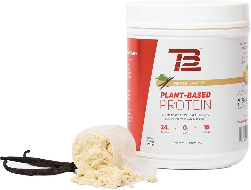 TB12 Poudre à base de protéines végétales, Protéine de pois, Vanille, Vegan, 1g de glucides nets, non OGM, sans produits laitiers, sans sucre (18 portions / 1,26lbs)