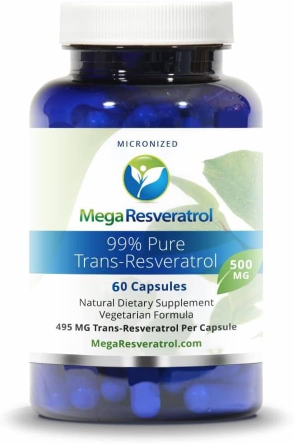 Mega Resveratrol, grade pharmaceutique, 99% Pure, Isolé, Micronised Trans-Resveratrol, 60 Veggie Caps, 500mg par gélule. Certificat de pureté. Absolument PAS Toxique --Inactive - Ingrédients ajoutés.