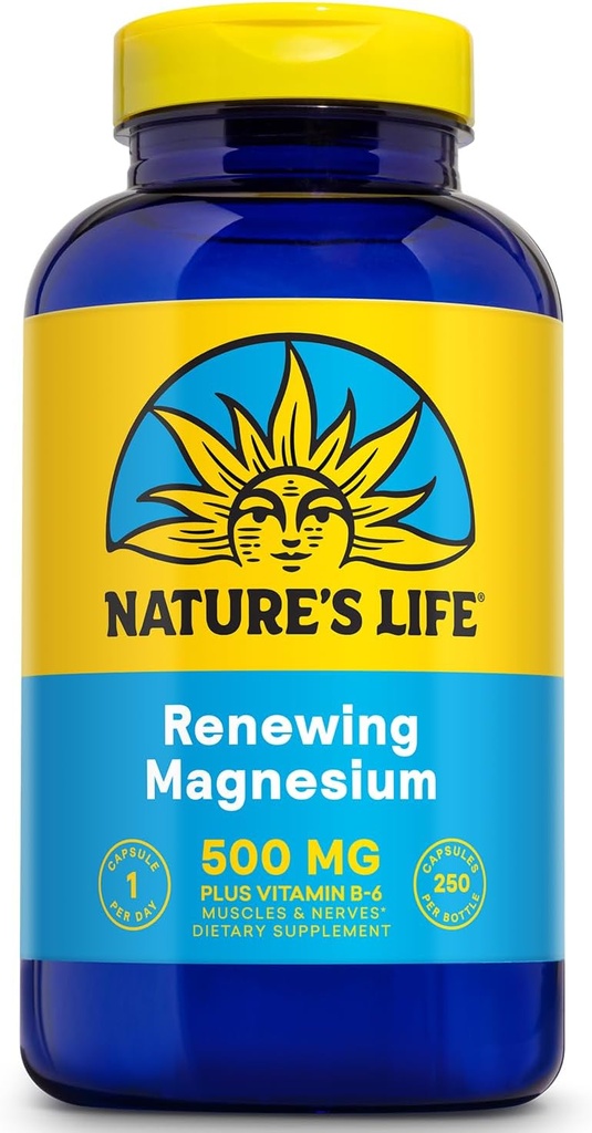 Natures Vie Renouvelant Magnésium 500 mg - Citrate, Malate, Oxide Plus Vitamine B-6 - Muscles et Nerves Support - Verifié en laboratoire (250 portions, 250 VegCaps)