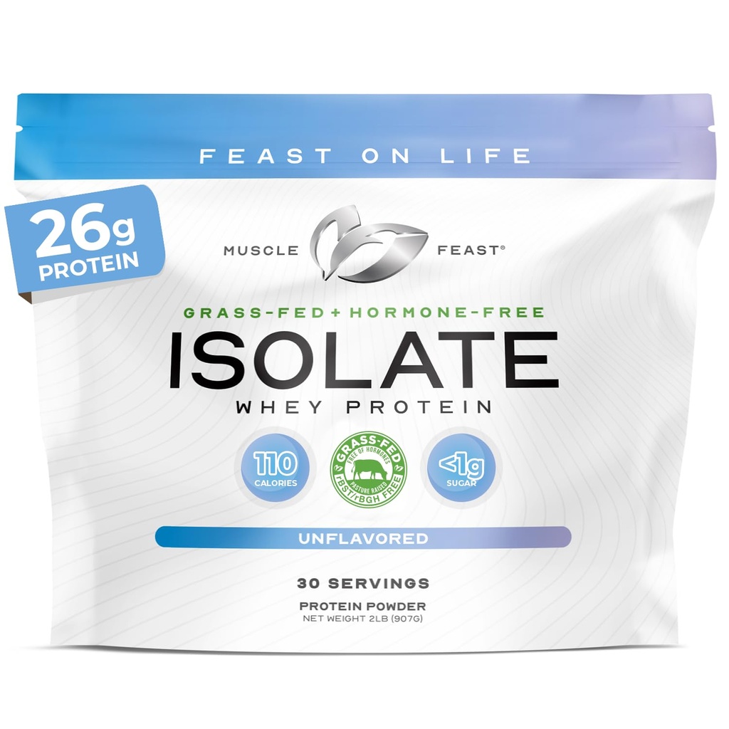 Pâture sans hormones naturelle élevée, poudre de protéines isolat de lactosérum pour les hommes et les femmes, propre, sans OGM et sans gluten - Sans saveur, 2lb