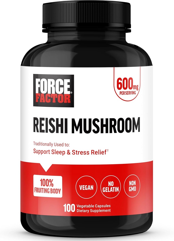 FACTEUR DE FORCE Supplément de champignons Reishi, supplément de soulagement du stress et supplément de soutien du sommeil avec extrait de champignons Reishi, végétalien, sans gélatine, sans OGM, 100 capsules végétales