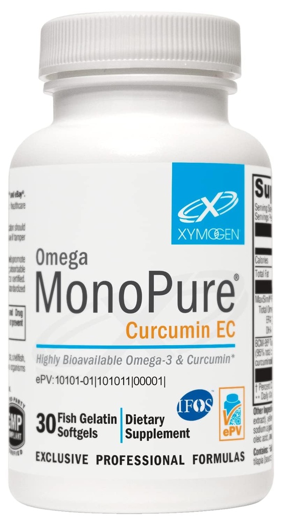 XYMOGEN Omega MonoPure Curcumine EC - Huile de poisson avec Absorption améliorée DHA EPA + Extrait curcuma - Supplément Omega-3 pour le soutien de l'équilibre cytokine (30 Softgels)