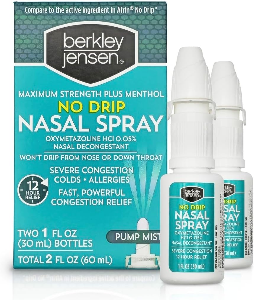 Berkley jensen No Drip Sévère Congestion Spray nasal - Fort maximum Dégonflement avec Oxymétazoline HCl & Mentol - Pompe Mist Applicateur, Pas de stéroïde, 12 heures de soulagement, 1 once fluide (paquet de 2)