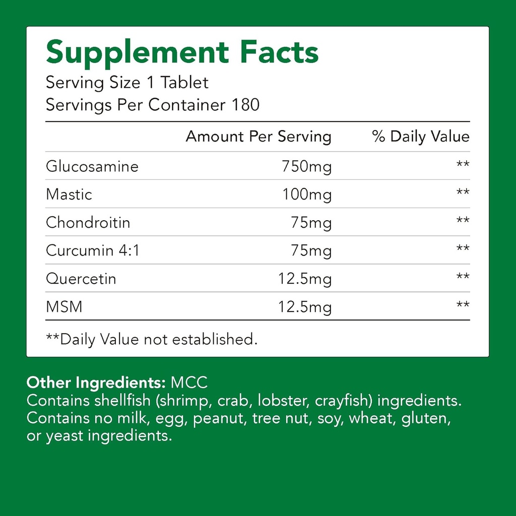 Glucosamine Premium + Chondriotine + MSM + Mastic + Curcumine (750mg) Exclusions Santé des os et des articulations (1 flacon-180 capsules-6mo d'approvisionnement) Exclusions Vitamine pour le soutien des articulations Exclusions Sans OGM et sans gluten
