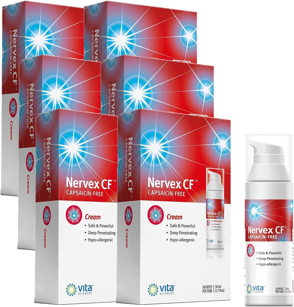 Vita Sciences Nervex CF Neuropathy Relief for Hands and Feet - Powerful Cream Formulation for Burning, Tingling, Numbness - with Arnica, B12, B1, B5, B6, E, MSM, Aloe, and Coconut Oil Base - Pack de 6