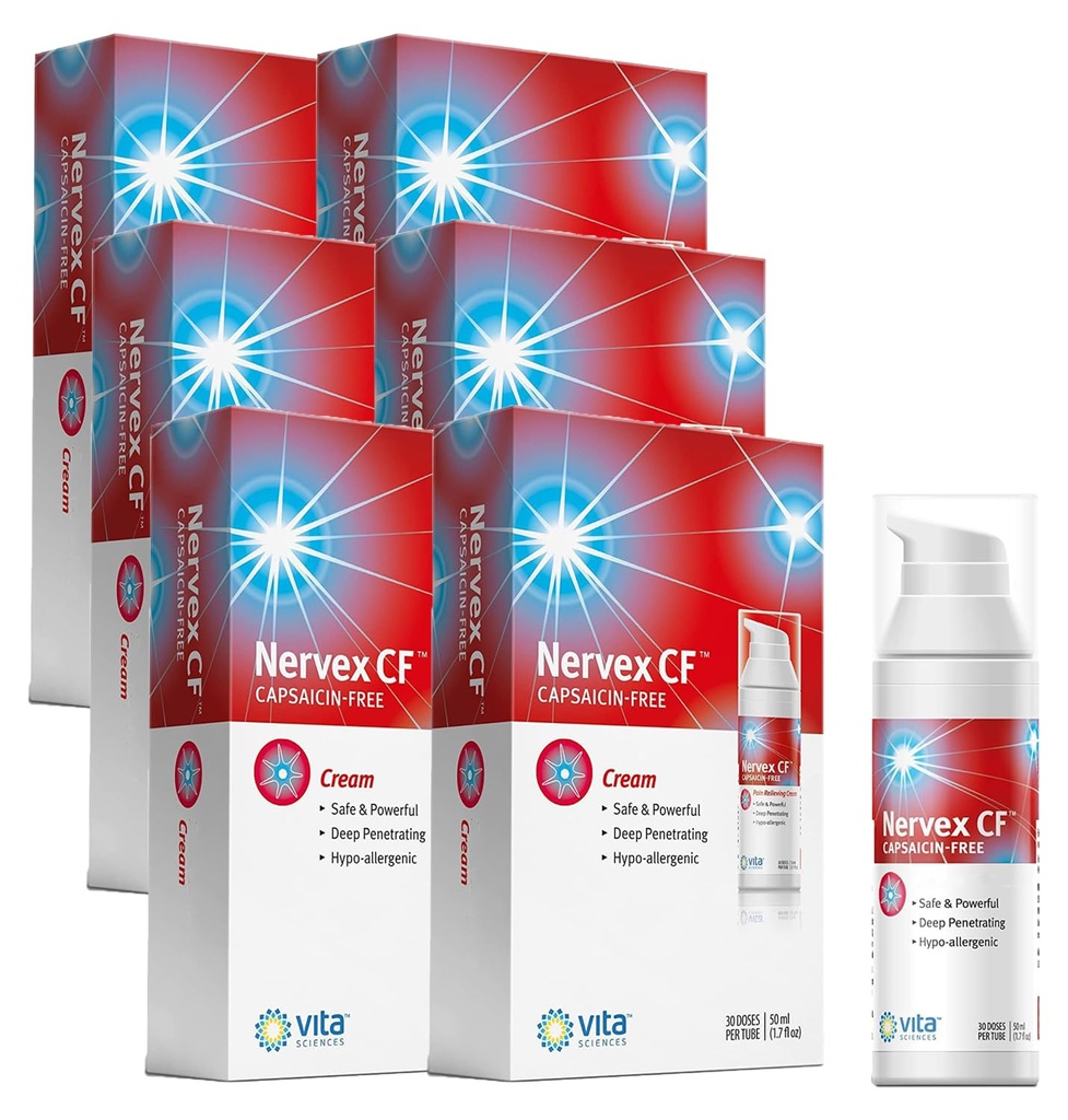 Vita Sciences Nervex CF Neuropathy Relief for Hands and Feet - Powerful Cream Formulation for Burning, Tingling, Numbness - with Arnica, B12, B1, B5, B6, E, MSM, Aloe, and Coconut Oil Base - Pack de 6