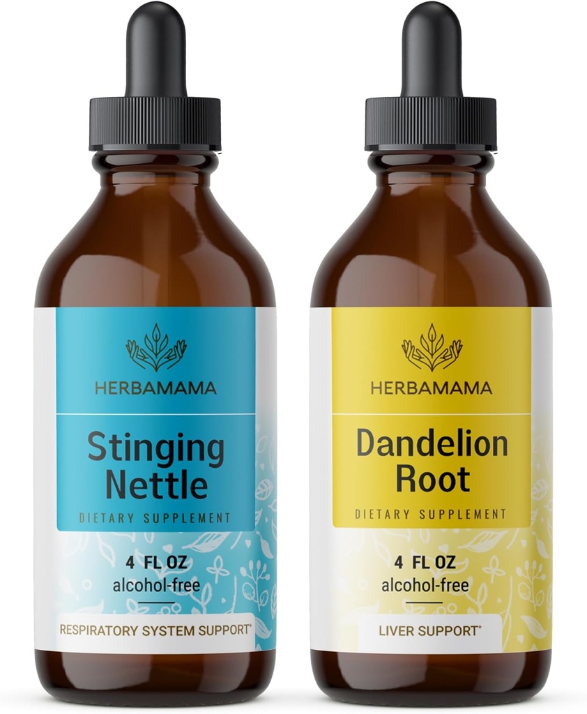 HERBAMAMA Herbal Liquid Drops Kit - Ensemble de Bouilloire Sting & Dandelion Teinture de racine 4 fl oz - Vegan, non-OGM, sans sucre et sans alcool - 2 Pack