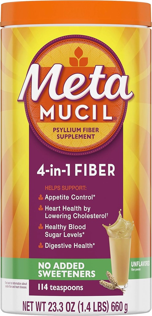 Metamucil Fiber, 4-in-1 Psyllium Fiber Supplement, Sugar Free Powder, Unflavored Drink, 114 Servings (Packaging May Vary)