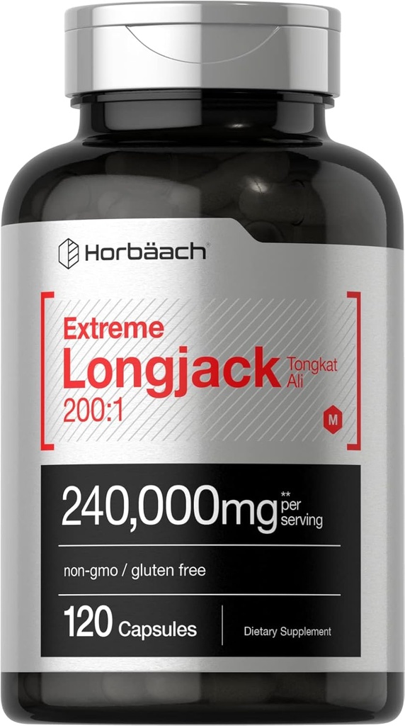 Horbäach - Longjack Tongkat Ali $ 240 000 mg (200:1 Extrait de Potent) $ 120 Capsules Extrêmement Male Performance Supplément de Formule Super Concentré d'Extrait à base de plantes