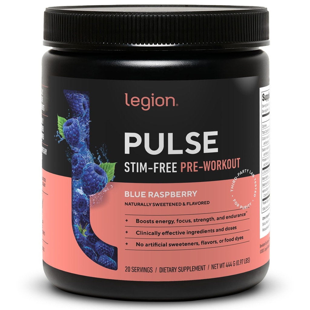 LÉGION Pulse Pre Workout Supplément - Tous les naturels oxyde nitrique pré-entraînement boisson pour stimuler l'énergie, sans créatine, naturellement sucré, Beta Alanine, Citrulline, Alpha GPC (Caffeine Blue Razz)
