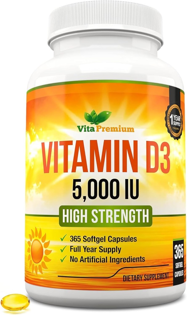 Vitamine D3 5000 UI, 365 softgels faciles à avaler, supplément Vitamine D 5000 UI haute résistance - Approvisionnement en année complète