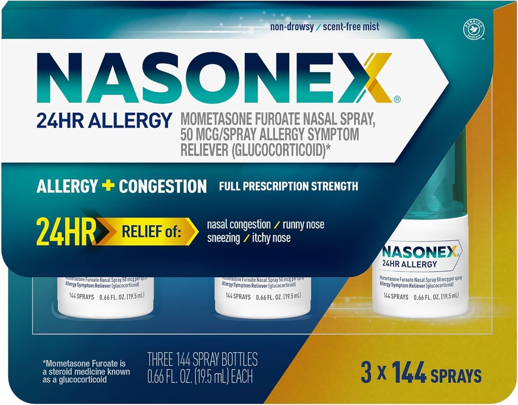 Nasonex 24HR Allergie Vaporisateur nasal, non somnolence, brume sans parfum, symptômes d'allergie + congestion nasale, force d'ordonnance complète, 120 sprays (3 pack)