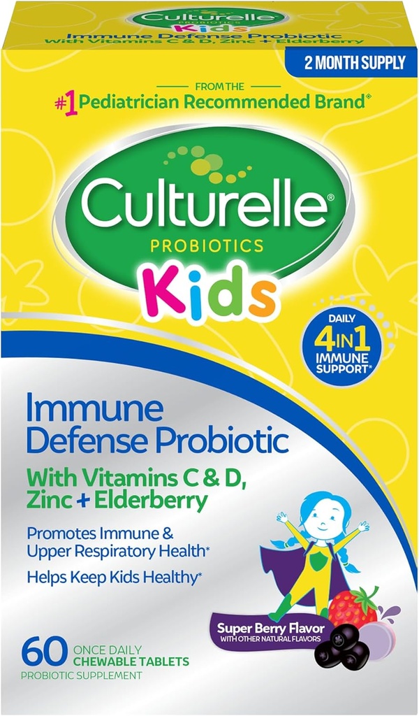 Culturelle Immune Defense Probiotique avec vitamine C, vitamine D et zinc + sureau, non-OGM, 4-en-1 Immune Support pour les enfants de 3 ans et plus*, mélange de baies à croquer, 60 comtes
