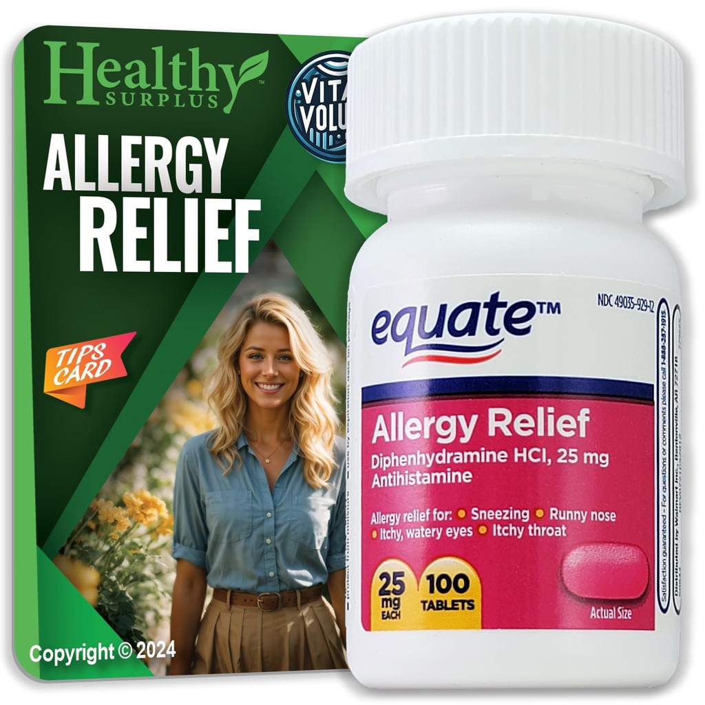 Healthy Surplus® Vital Volumes Tips Card & Equate Allergy Relief Diphenhydramine HCL, 25 mg 100 Tablets Bundle