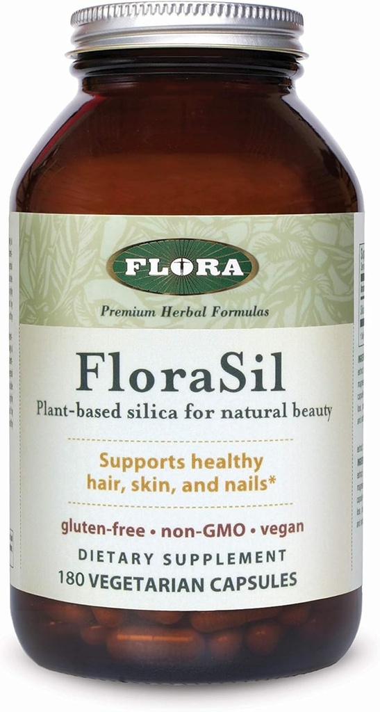 Flora - FloraSil Silica Supplement - Natural Beauty Support - Supporte les cheveux, la peau, les ongles et la force des os - Silica à base végétale de l'extrait de crin - Vegan - 180 capsules (180 portions)