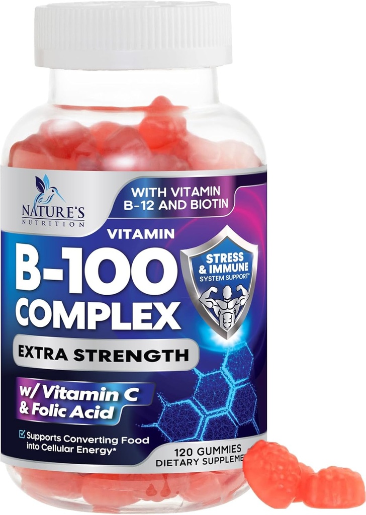 B complément complexe Gommies avec vitamine C et acide folique, extra-résistance Super vitamine B Gommy avec niacine, B6, acide folique, B12, biotine, suppléments de soutien à l'immunoénergie de la nature - 120 Gommies