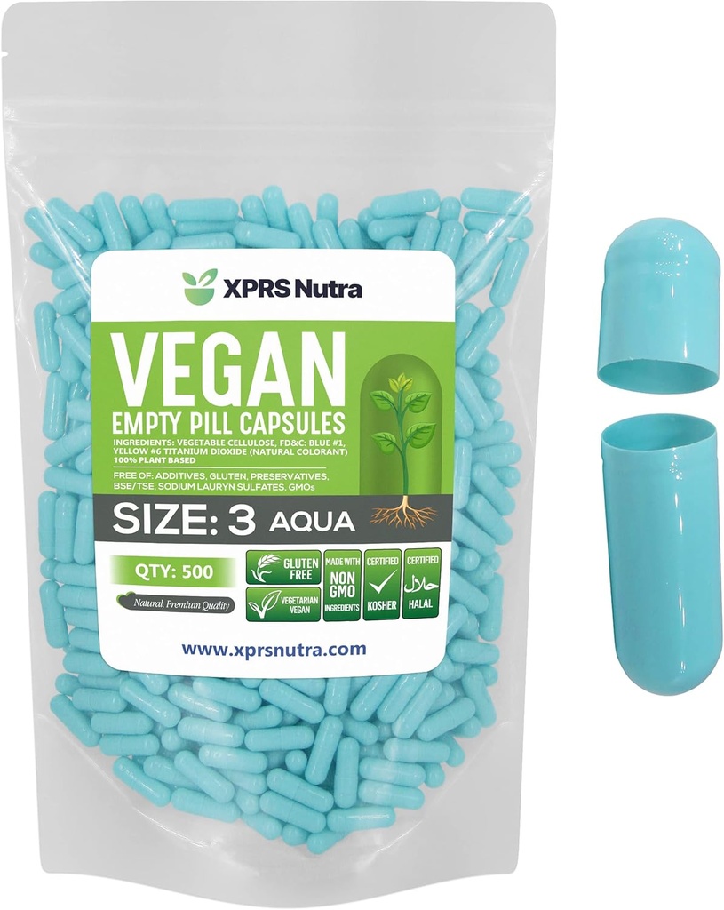 XPRS Nutra Taille 3 Capsules vides - 500 Compte pilules vides de végétalien - Pilule végétarienne - Bricolage Capsule végétale Remplissage- Caps de pilules de légumes (Aqua)