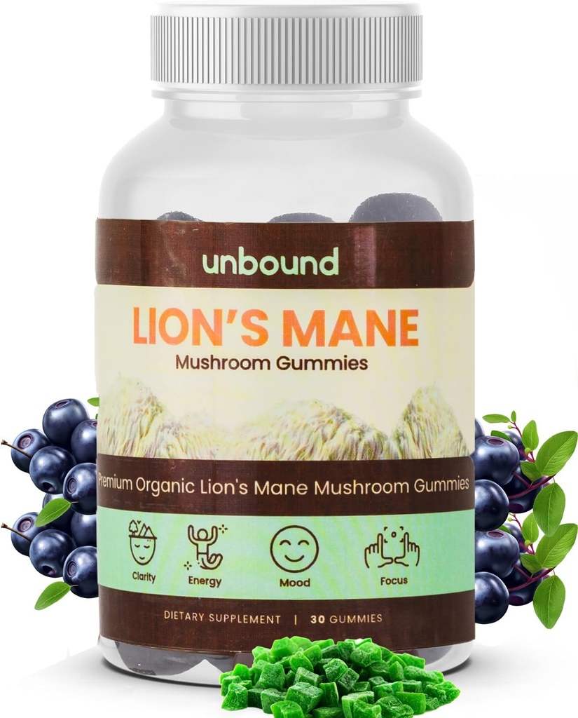 Unbound Premium Organic Lion's Mane Mushroom Gummies, Blue Raz Flavored, 60 Soft Chews