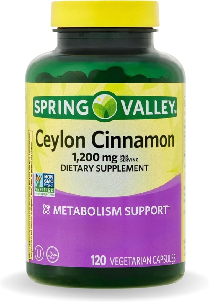 Spring Valley Ceylan Capsules de cannelle 1200 mg Capsules de soutien Métabolisme * 120 Pilules sans OGM et sans gluten (paquet de 1)