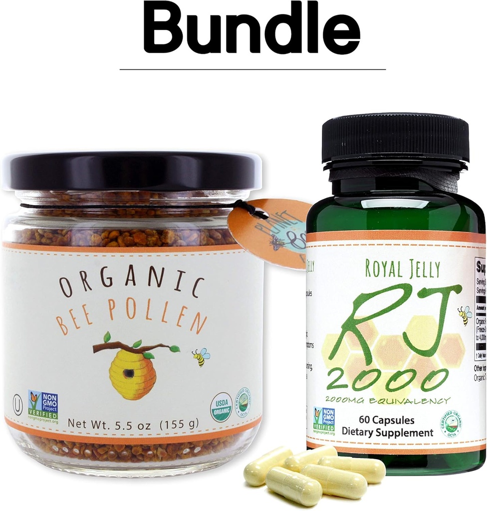 Greenbow Organic Bee Pollen - 100% USDA Certified Organic, Pure, Natural Bee Pollen - Superfood Packed with Proteins, Vitamins & Minerals - 155g Royal Jelly 2000mg 60 caps