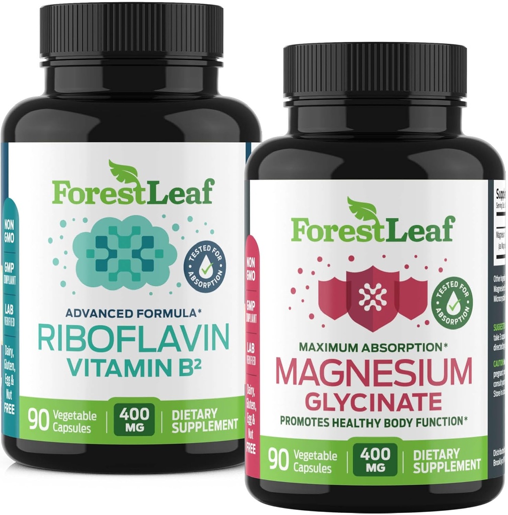 ForestLeaf Riboflavin & Magnésium Migraine Supplément - Riboflavin 400mg pour le soulagement des maux de tête - Ultimate Magnésium Glycinat Bundle avec B2 Vitamine 400mg pour le soulagement des maux de tête
