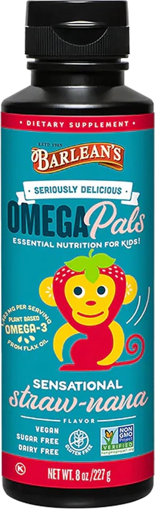 Barlean's Omega Pals Omega 3 pour les enfants, supplément d'huile de lin liquide pour les enfants aromatisés par la Straw-Nana avec 1,483 mg d'ALA, non OGM, santé du cerveau et des yeux végétaliens, 8 oz