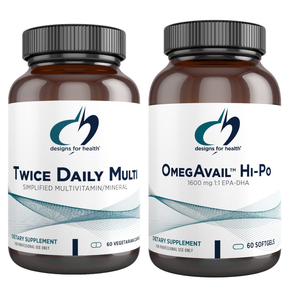 Designs for Health Fish Oil + Multivitamin Bundle - OmegAvail Hi-Po (60 Softgels) EPA DHA TG Omega-3 avec deux fois par jour Multi (60 capsules) Multivitamin/minéral Premium avec des vitamines actives B