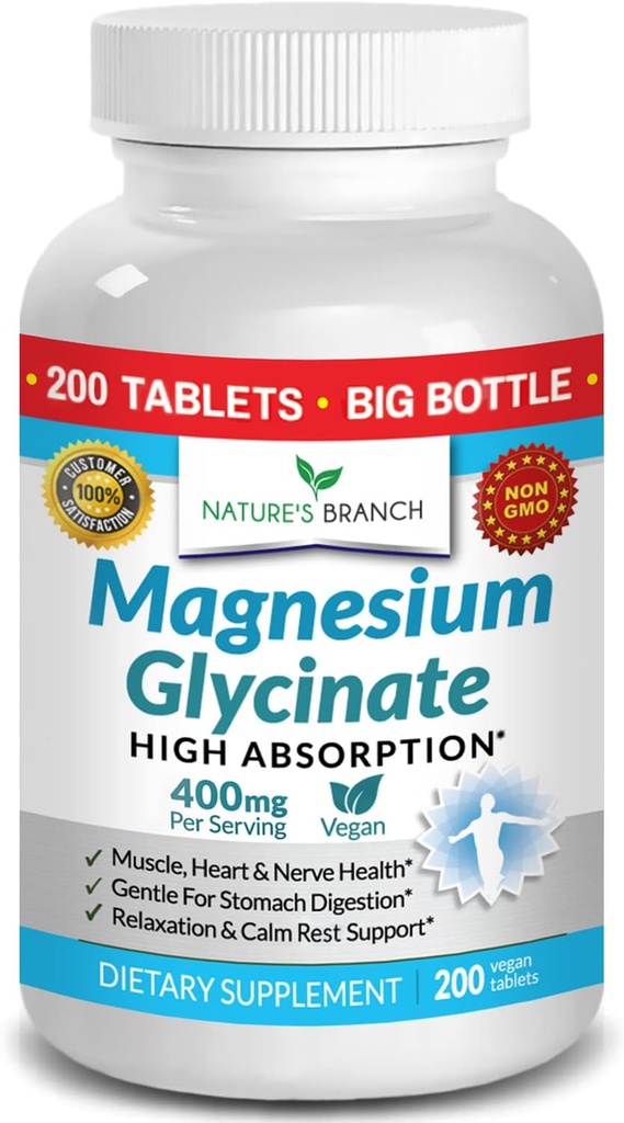Magnésium Glycinate 400 mg - 200 Comprimés - Absorption élevée, Supplément de Mag Bisglycinate Non Buffered pour le sommeil, les crampes des jambes, le coeur, les muscles de la facilité, les maux de tête calmés pour les femmes et les hommes, Capsules non en poudre