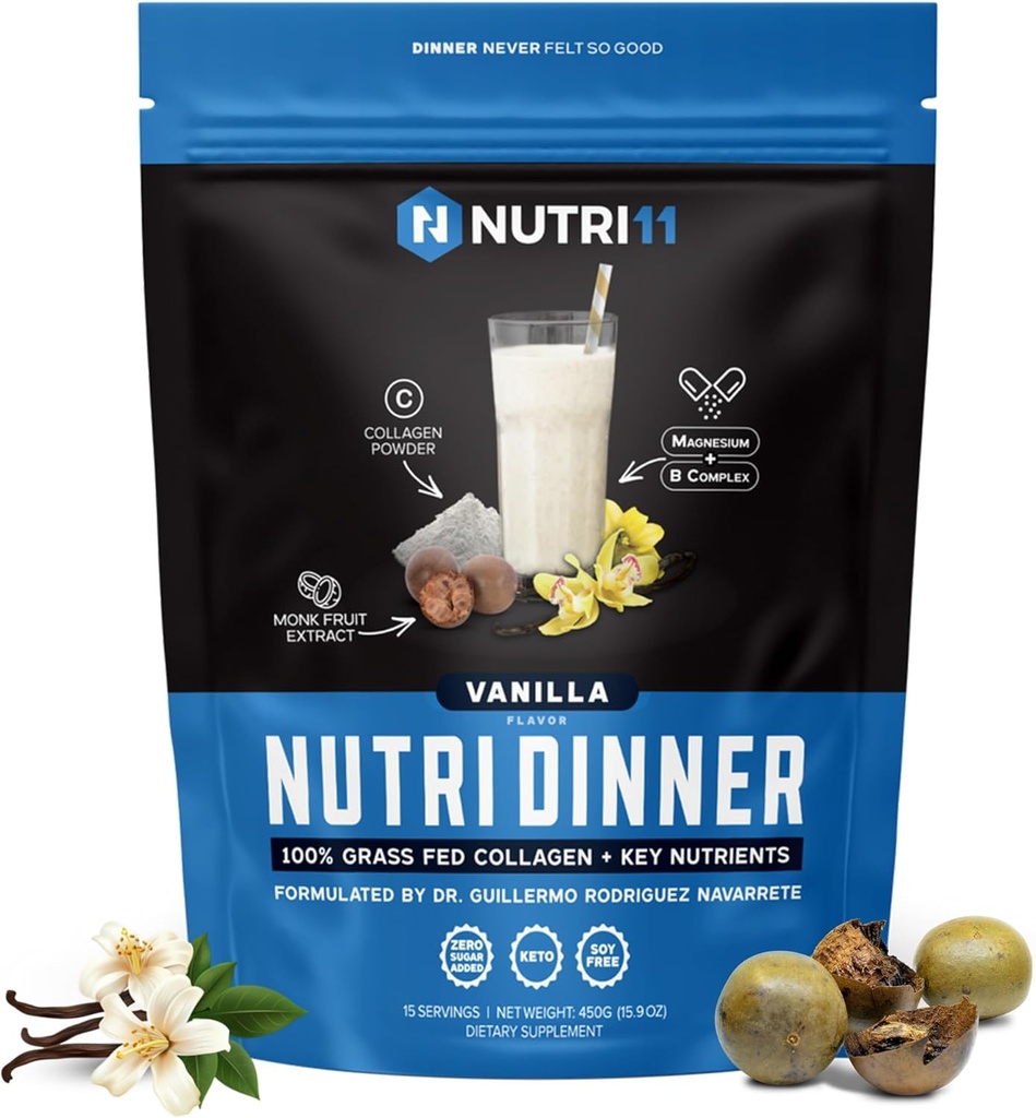 NutriDinner de Nutrirlermo (en poudre de protéines de collagène à l'herbe) Collagène avec Magnésium B-Vitamines (en supplément de collagène pour le sommeil et la récupération (14,9, Vanille)