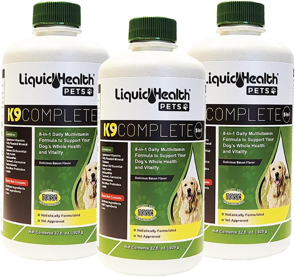 LIQUIDHEALTH Animaux de compagnie K9 Multivitamine liquide 8-en-1 complète pour chiens et chiots adultes seniors, tous en une formule complète de vitamines canines pour la peau et le manteau, la santé articulaire, le soutien immunitaire - USA Made (3 Pack)