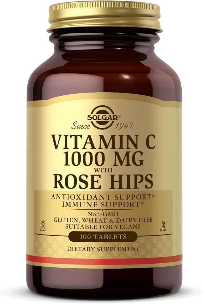 Solgar Vitamine C 1000 mg avec des hanches roses - 100 comprimés - Antioxydants et immunosupport - Non-OGM, végétalien, sans gluten, sans lait, sans casher - 100 portions