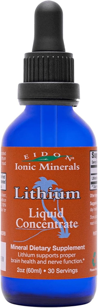 Minéraux ioniques d'Eidon Lithium liquide - Supplément Chlorure de lithium, Minéraux gouttes pour l'eau, Promouvoir la santé du cerveau, soutenir la cognition, aider dans le transport de la vitamine B12 et du folate, 2 oz.