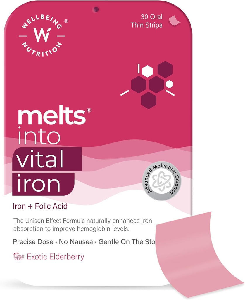 SELLBEING NUTRITION Melts Nano Iron (Fron à base de plantes, Beetroot, Cord suisse, Graines de citrouille, vitamine C et folate pour l'amélioration de l'hémoglobine, de la capacité de liaison à l'oxygène et de la construction de sang (30 bandes orales)