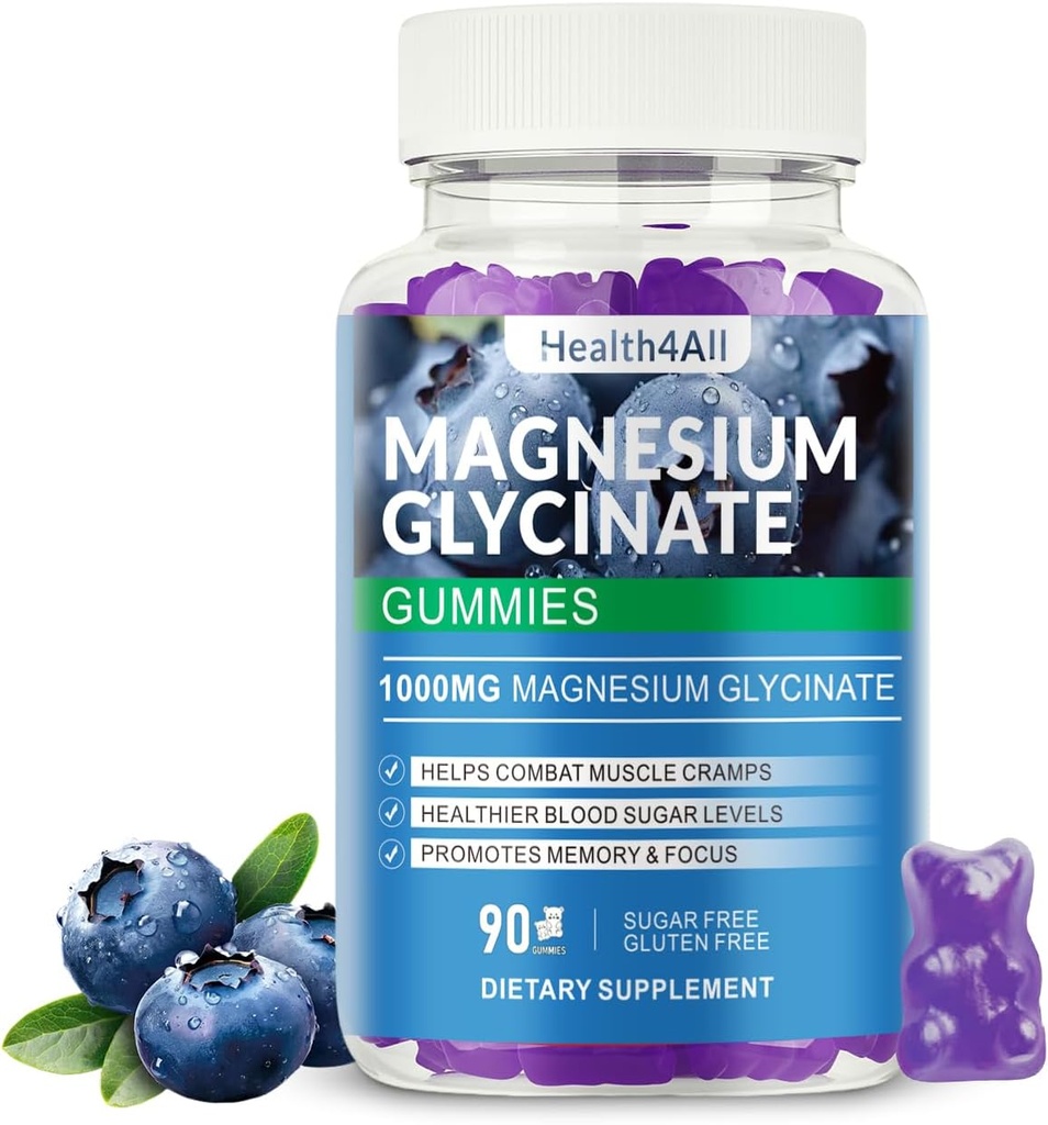 Glycinat de magnésium Gommies 1000mg, supplément de potassium de magnésium sans sucre d'absorption élevée pour la relaxation, le stress et le soutien au sommeil pour les adultes et les enfants (Blueberry)
