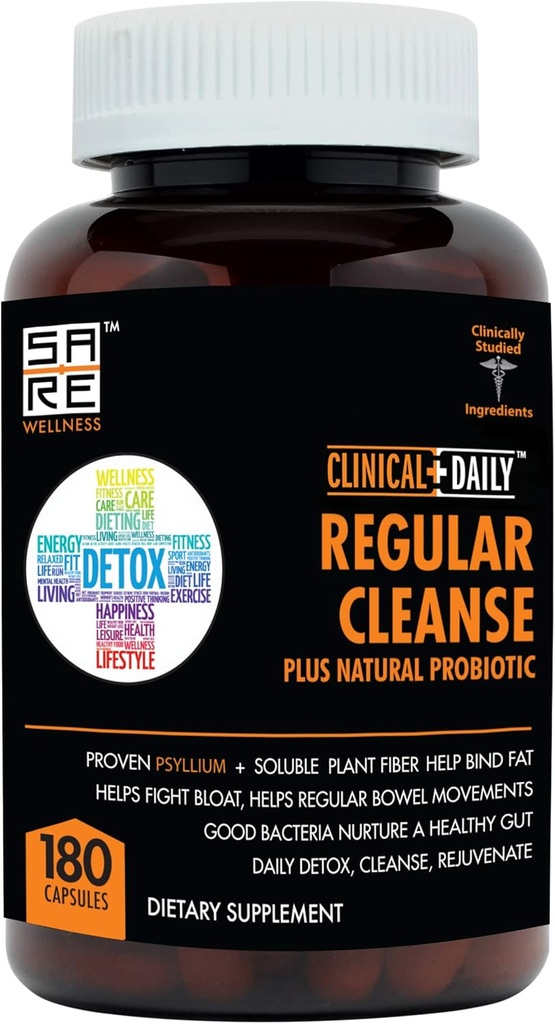 Clinical Daily Regular Cleanse Plus Natural Probiotic - Colon Cleanse & Gut Detox Supplement - Aide avec l'énergie et le soulagement de la constipation - Herbal Dietary Fiber Psyllium Husk Capsules - 180 Compte