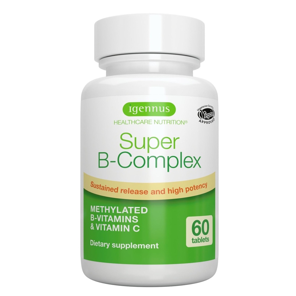 Igennus Super B-Complex Methylated B Vitamins - Sustained Release, Clean Label & High Absorption, with 5-MTHF Folate & Methyl B12, Energy, Mood & Cognitive Performance, Lab Verified, 60 Small Tablets