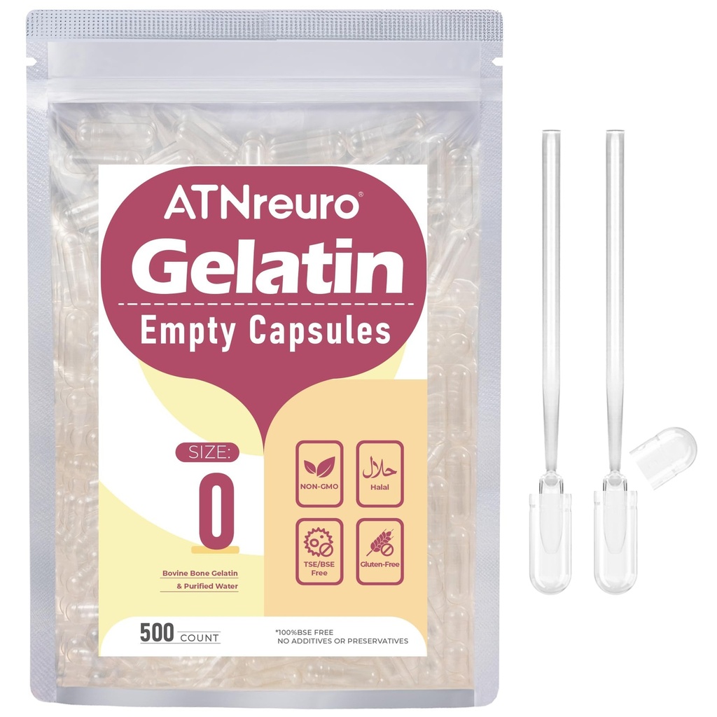 Size 0 Empty Gelatin Capsules with 2 Micro Spoons - 500 Count Empty Clear Capsule - Gel Pill Capsules for Powders Supplements