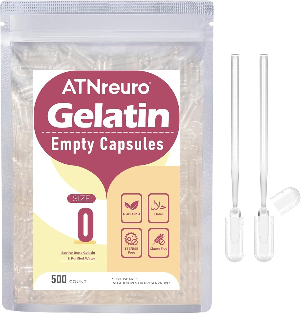 Taille 0 Capsules de gélatine vides avec 2 Micro Spoons - 500 Compte Capsule vide - Gel Pill Capsules pour poudres Suppléments