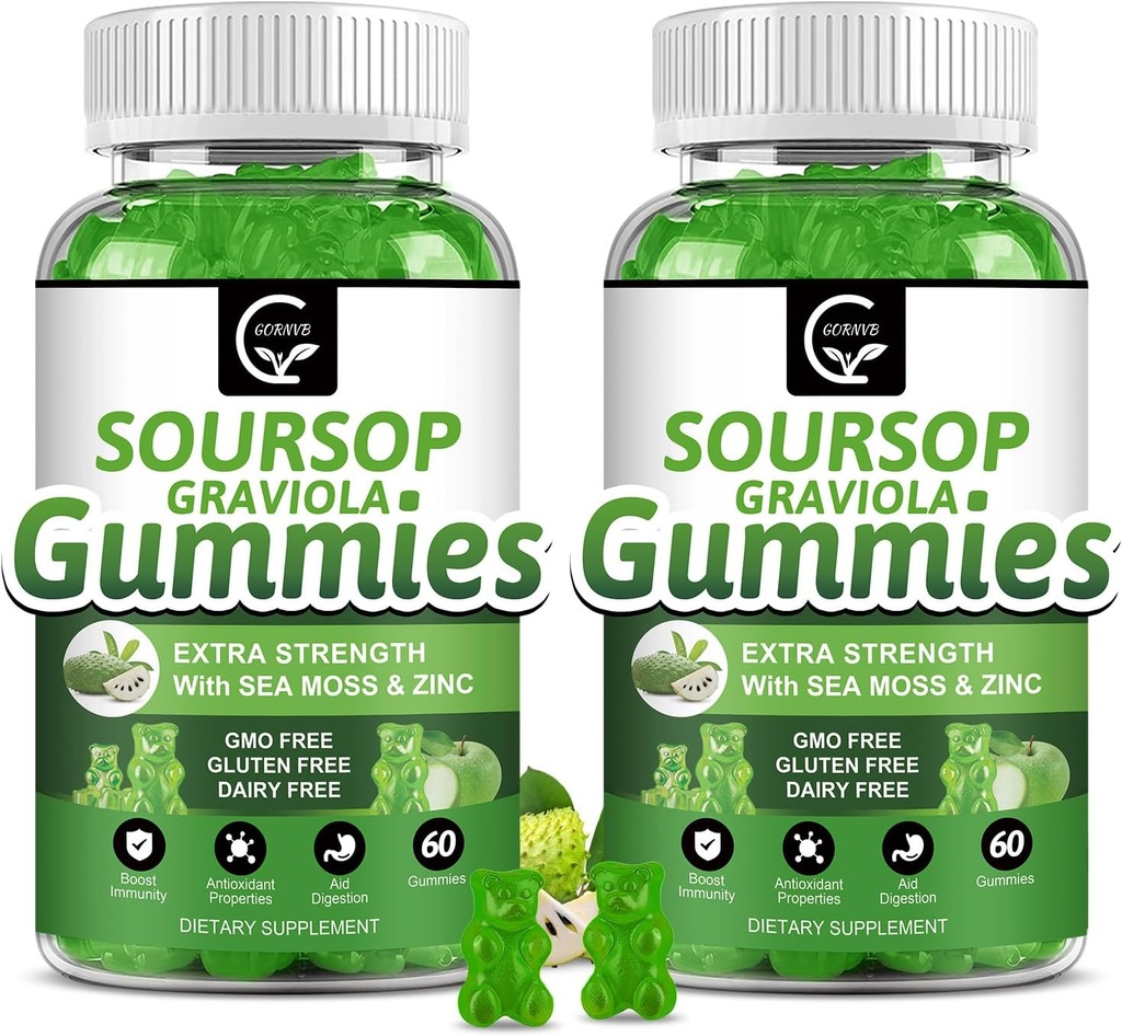 (2 Pack) Gommies de Sourop Graviola - 2200mg Extra Strength Feuilles de Sourop Extrait avec extrait de mousse de mer 200mg, de zinc et de vitamine C - soutient l'immunité, le foie et le digestif, sans gluten, végétalien, 120 Gommies