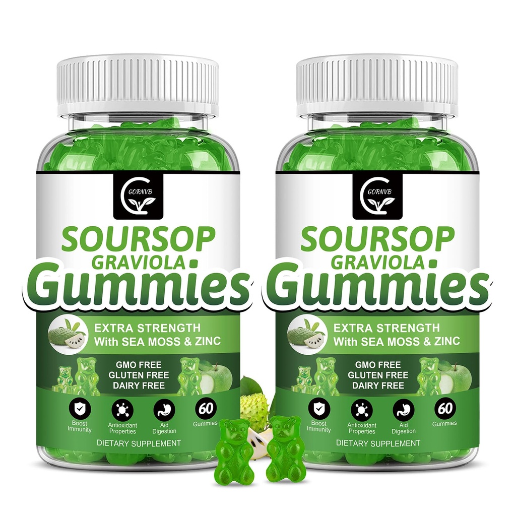 (2 Pack) Gommies de Sourop Graviola - 2200mg Extra Strength Feuilles de Sourop Extrait avec extrait de mousse de mer 200mg, de zinc et de vitamine C - soutient l'immunité, le foie et le digestif, sans gluten, végétalien, 120 Gommies