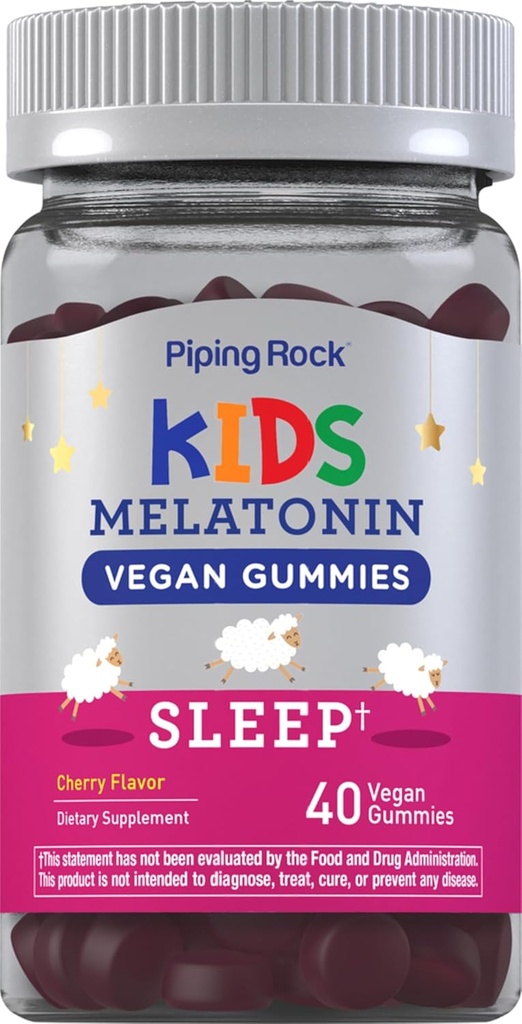 Piping Rock Kids Melatonin Gummy 1mg=40 Gummies=Cerry Flavor= Vegan, Non-OGM, Supplément sans gluten